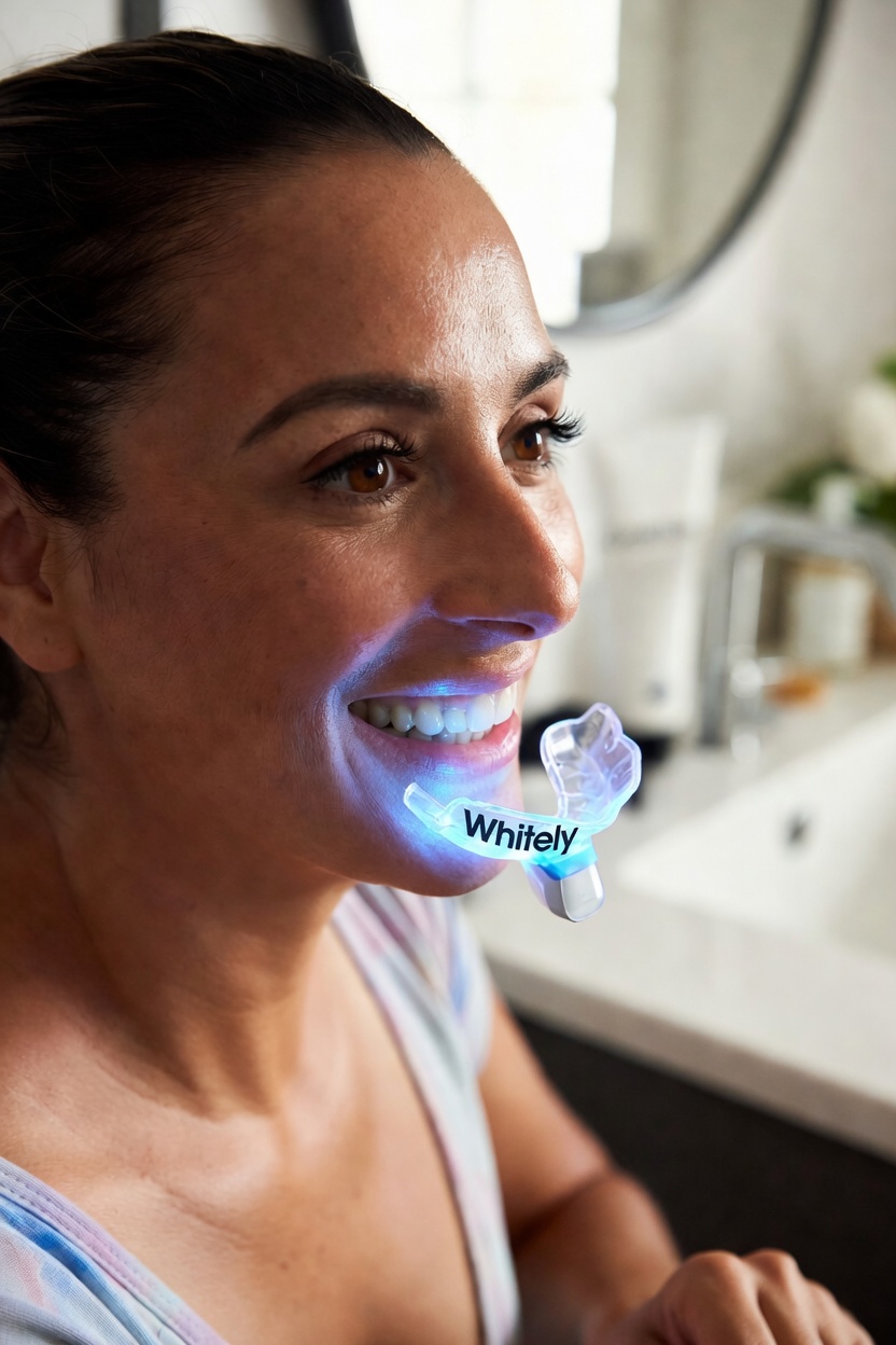 Woman using the Whitely LED whitening device